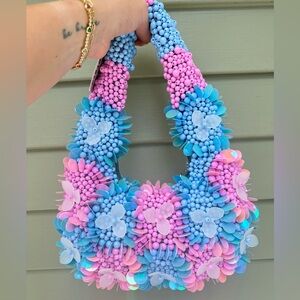 Pink & Blue Beaded Floral Handbag